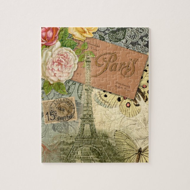 Paris France Antique Artwork Collage Eiffel French Jigsaw Puzzle (Vertical)