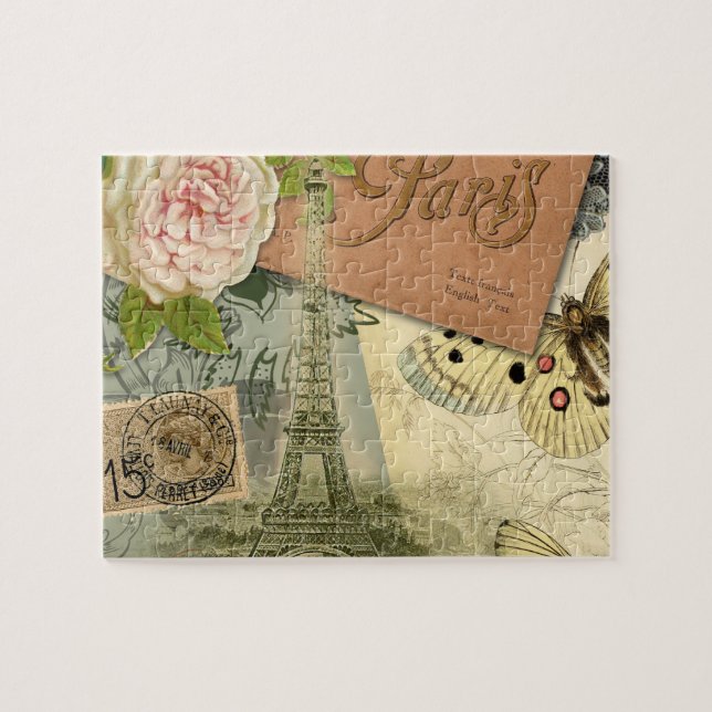 Paris France Antique Artwork Collage Eiffel French Jigsaw Puzzle (Horizontal)