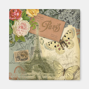 Paris France Antique Artwork Collage Eiffel French Magnet