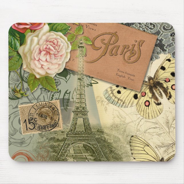 Paris France Antique Artwork Collage Eiffel French Mouse Pad (Front)