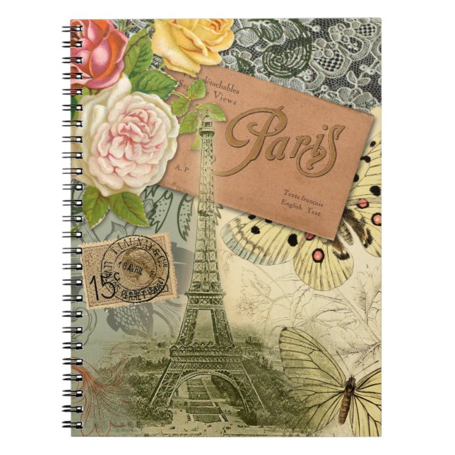 Paris France Antique Artwork Collage Eiffel French Notebook (Front)