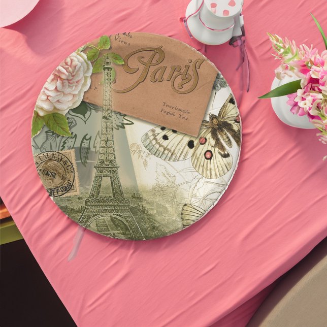 Paris France Antique Artwork Collage Eiffel French Paper Plate (An example of this plate on a tabletop.)