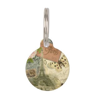 Paris France Antique Artwork Collage Eiffel French Pet Tag