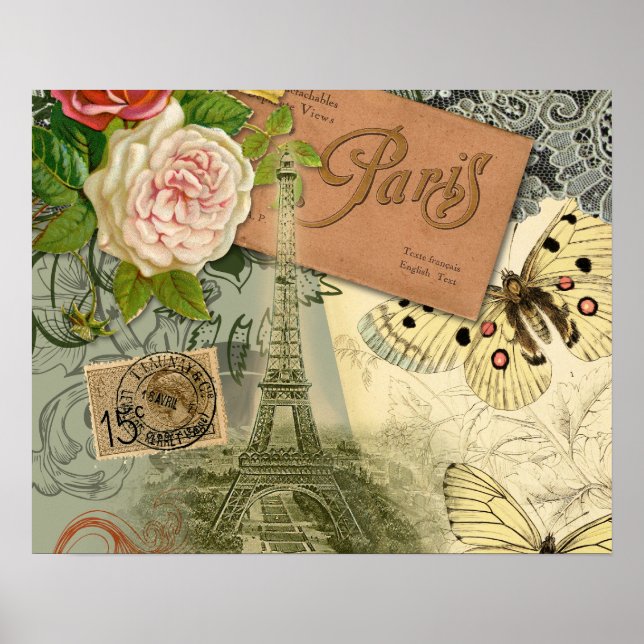 Paris France Antique Artwork Collage Eiffel French Poster (Front)