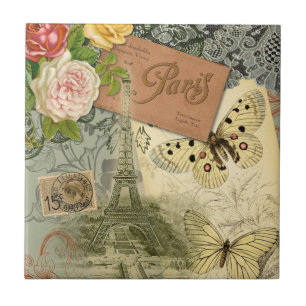 Paris France Antique Artwork Collage Eiffel French Tile