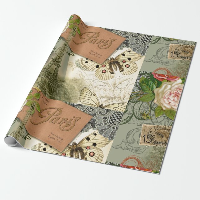 Paris France Antique Artwork Collage Eiffel French Wrapping Paper (Unrolled)