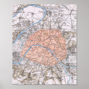 Paris, France, antique map 1895 Poster