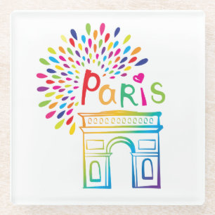 Paris France   Arc de Triomphe   Neon Design Glass Coaster