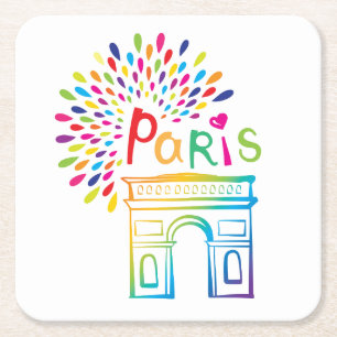 Paris France   Arc de Triomphe   Neon Design Square Paper Coaster
