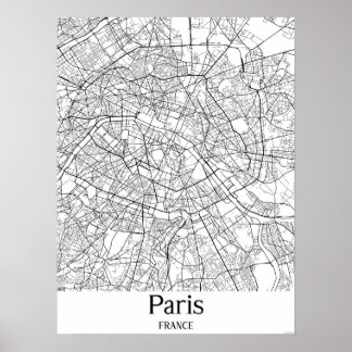 Paris France Black and White City Map Poster