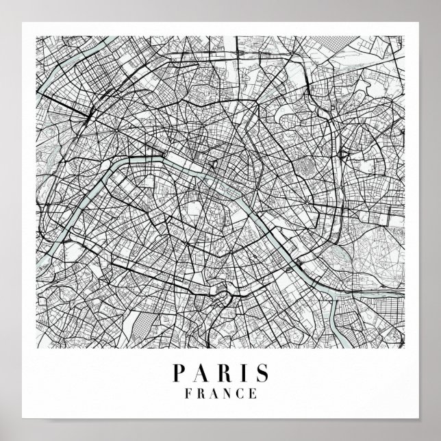 Paris France Blue Water Street Map Poster (Front)