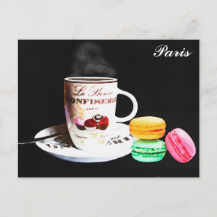 Paris France Cafe Coffee Macarons Watercolor Postcard