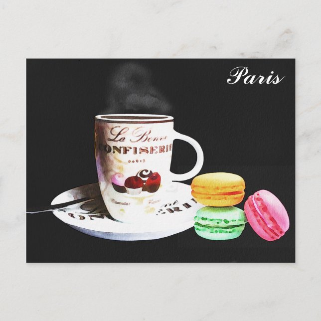 Paris France Cafe Coffee Macarons Watercolor Postcard (Front)
