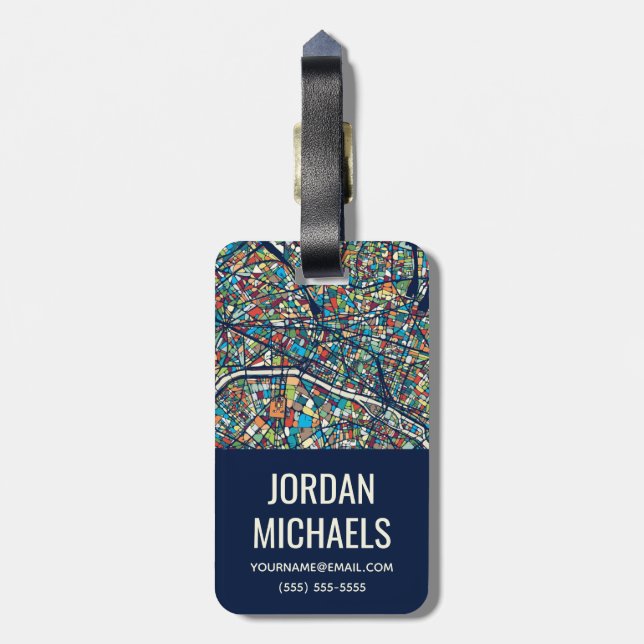 Paris France | Colourful Map Luggage Tag (Back Vertical)