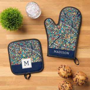 Paris France Colourful Map Oven Mitt & Pot Holder Set