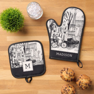 Paris France Doodle Oven Mitt & Pot Holder Set