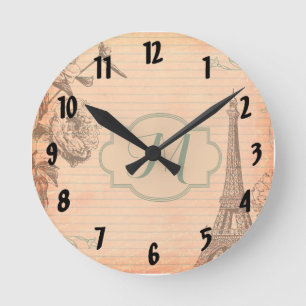Paris France Eiffel Monogram Initial Wall Clock