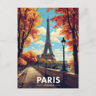Paris France Eiffel Tower Autumn Retro Postcard