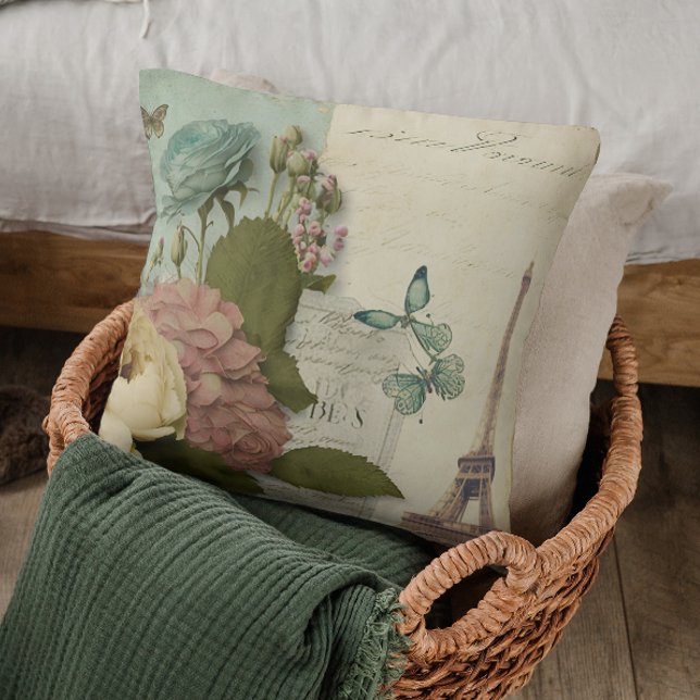 Paris France Eiffel Tower Butterfly Floral Collage Cushion (Creator Uploaded)