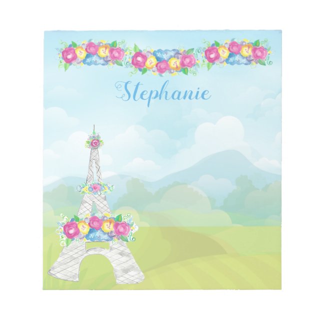 Paris France Eiffel Tower Countryside and Flowers Notepad (Front)