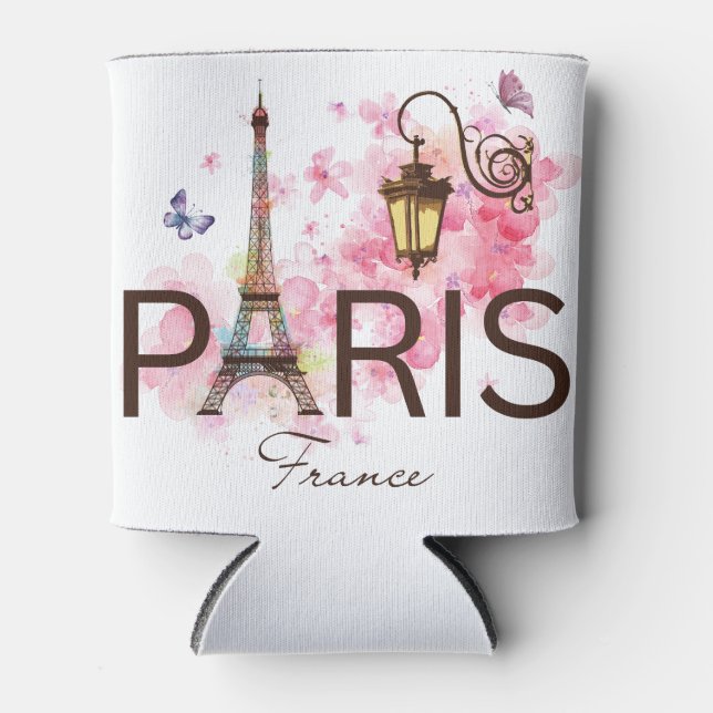 Paris France Eiffel Tower & Lamp  Can Cooler (Front)