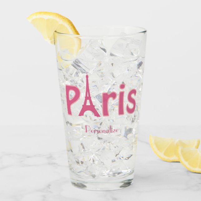 Paris France Eiffel Tower Pink Personalised Glass (Front Ice)