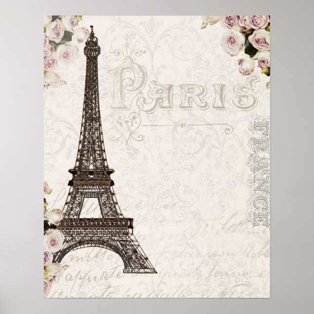 Paris France Eiffel Tower Pink Roses Chic Glamour Poster (Front)
