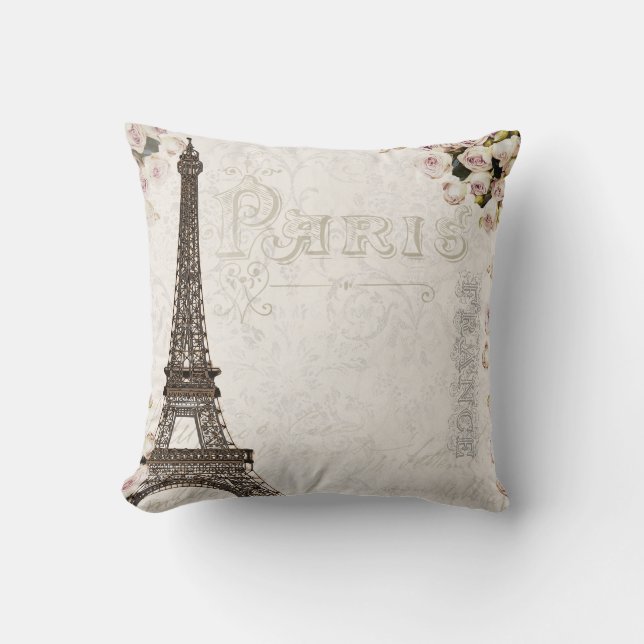 Paris France Eiffel Tower Pink Roses Glamour Cushion (Front)