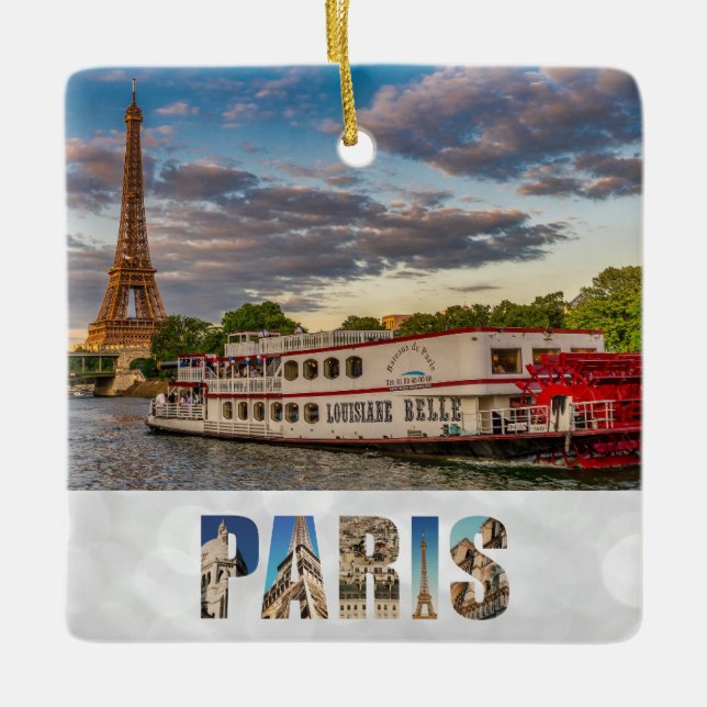 Paris France Eiffel Tower Seine River Boat Ceramic Ornament (Front)