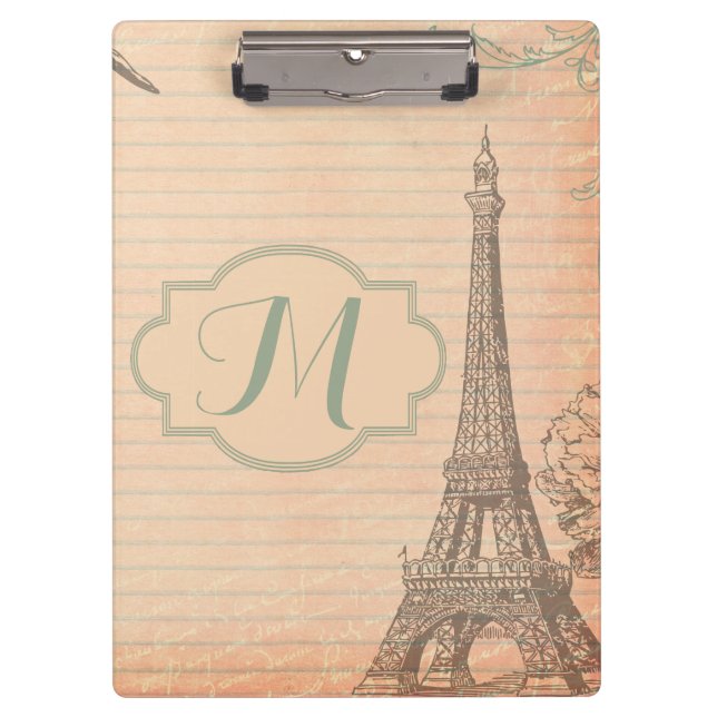 Paris France Eiffel Tower Shab Monogram Clip Board (Front)