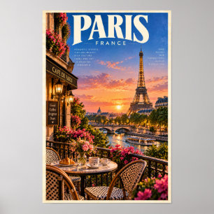 Paris France Eiffel Tower Sunset Café Travel Poste Poster