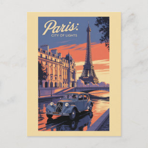 Paris France Eiffel Tower Vintage Car Sunset Postcard