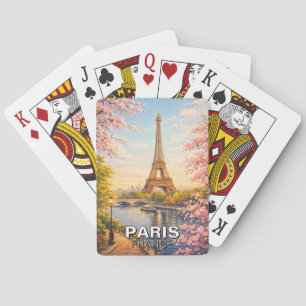 Paris France Eiffel Tower Vintage Cherry Blossoms Playing Cards