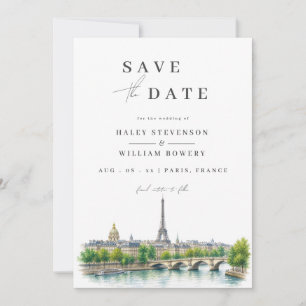 Paris France Eiffel Tower Watercolor Photo Wedding Save The Date