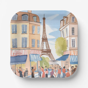 Paris France Eiffel Tower Watercolor Travel Paper Plate
