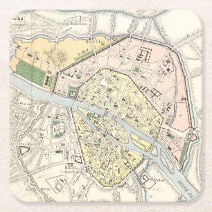 Paris, France: Historical, Vintage Map Square Paper Coaster