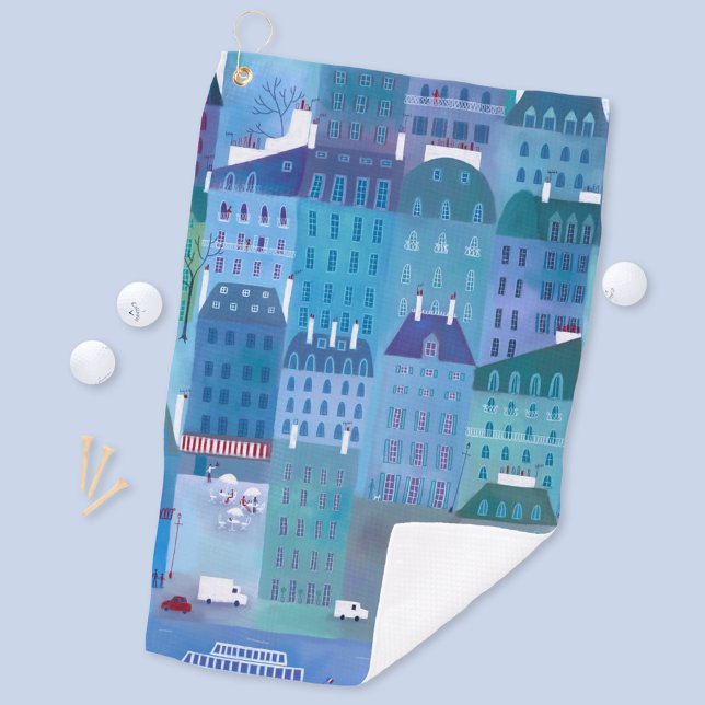 Paris France in Spring Blue Cityscape Painting Golf Towel (Paris blue art golf towel)
