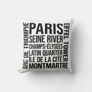 Paris, France Landmarks Typography Word Art Cushion