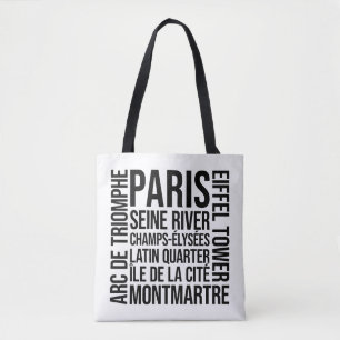 Paris, France Landmarks Typography Word Art Tote Bag