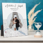 Paris France Map Wedding Engagement Photo Gift Plaque<br><div class="desc">Turn your engagement or wedding location and cherished photo into a personalised piece of art! This custom map design makes a perfect Engagement or Wedding keepsake gift! Customise this design with your photo, location & details, and move the heart to your location within Paris, France (can even change the heart...</div>