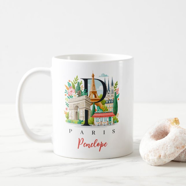 Paris France Monogram Letter P Personalised Gift Coffee Mug (With Donut)