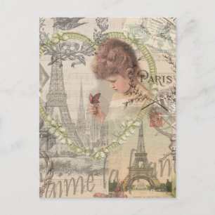 Paris France Pretty Girl Eiffel Postcard