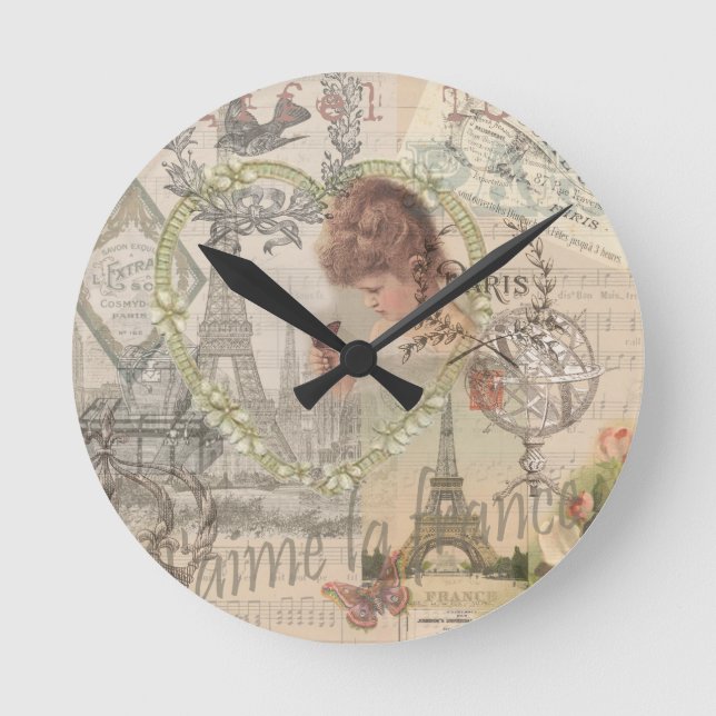 Paris France Pretty Girl Eiffel Round Clock (Front)