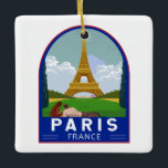 Paris France Retro Travel Art Vintage Ceramic Ornament<br><div class="desc">Paris retro travel design in an emblem style. The Eiffel Tower is a wrought-iron lattice tower on the Champ de Mars in Paris,  France.</div>