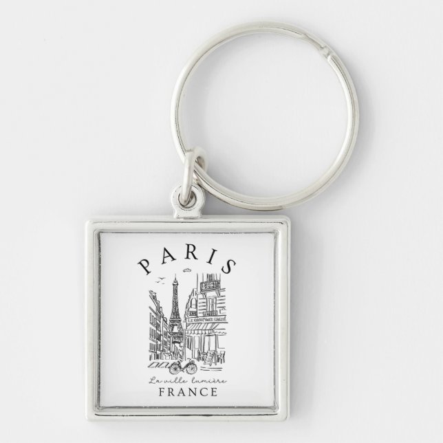 Paris France –  Sketch with Eiffel Tower & Café Key Ring (Front)