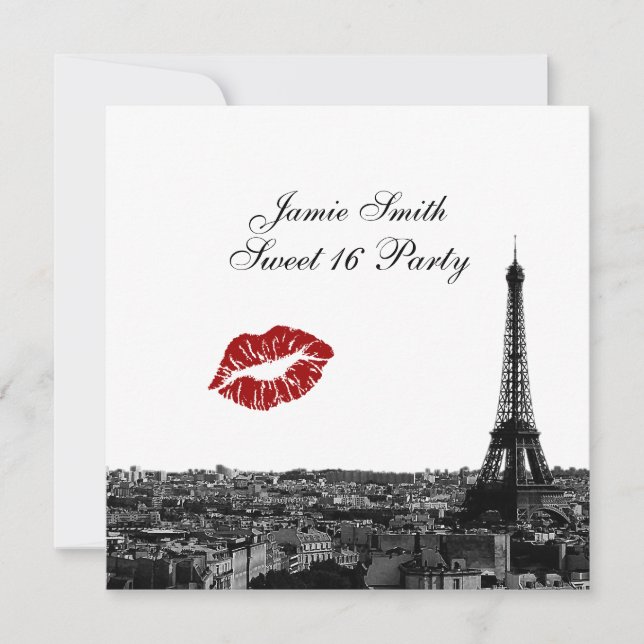 Paris France Skyline Kiss #1 BW Sweet 16 Invitation (Front)