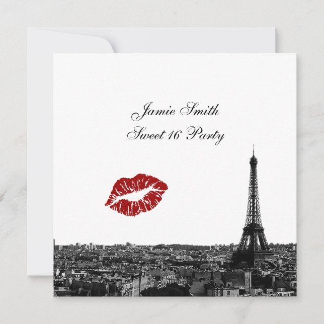 Paris France Skyline Kiss #1 BW Sweet 16 V Invitation (Front)