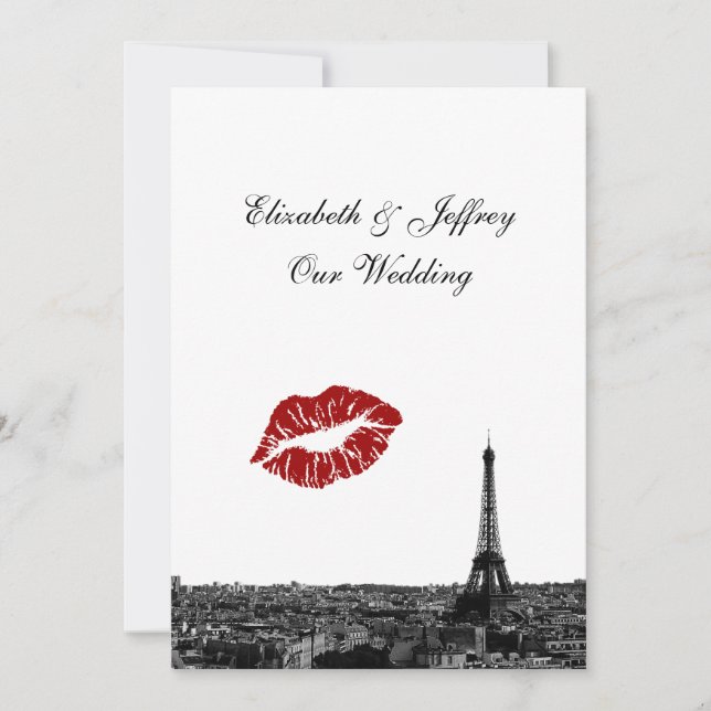 Paris France Skyline Kiss #1 BW V Wedding Invitation (Front)
