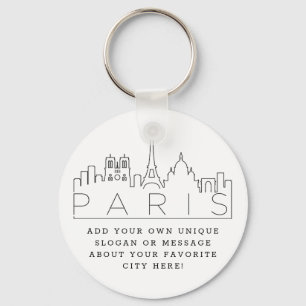 Paris, France Stylized Skyline   Custom Slogan Key Ring