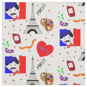Paris France Themed Cute Fun Red White Blue Design Fabric